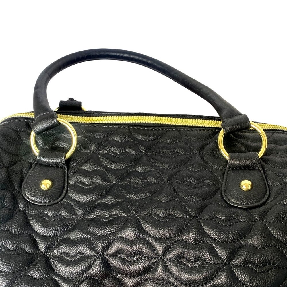 Betsey Johnson Quilted Black Lips Faux Leather Satchel Bag & Pom Poms Love Coll - Picture 7 of 14